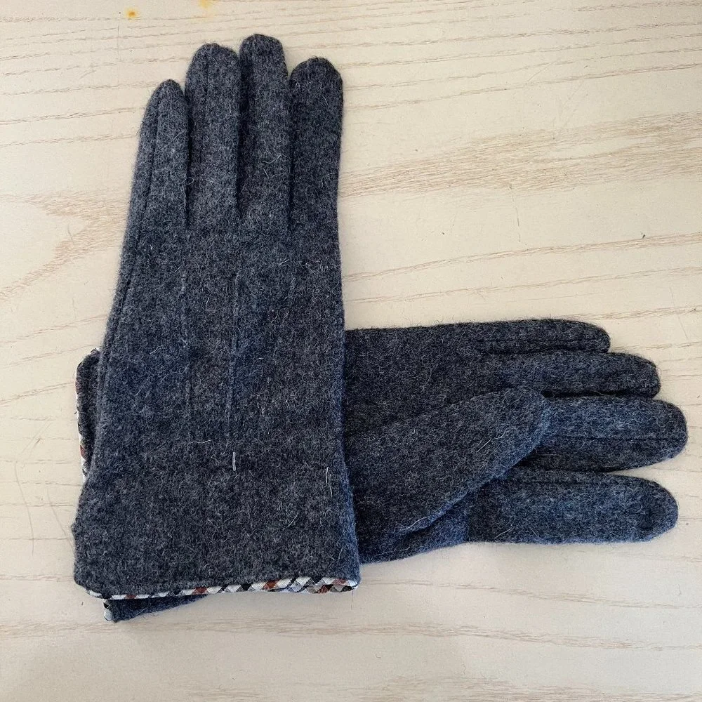 Winter Gloves Faux Cashmere Gray Plaid Cuff Touch Screen Smart